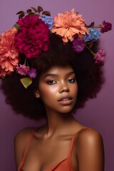 Young woman with an afro hairstyle, with vibrant flowers on her head, adding a touch of natural beauty and elegance to her look. Concept: connection with nature, femininity. - 763246155
