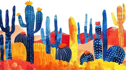 Cool colorful prickly cactus poster. Art illustration. White isolated background. Exotic Plants grow in desert. Boho style. Cute cacti sketch.