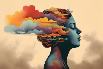 An illustration of a person's head with colorful clouds and intricate designs. This could evoke a sense of deep thought or imagination. - 763246161