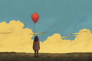 A woman releasing a symbolic balloon into the sky, symbolizing the process of grief, loss acknowledgment, and the commencement of healing and acceptance - 763246163