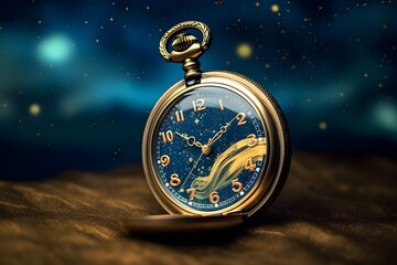 A vintage pocket watch displays a star-filled night sky, suspended against a cosmic backdrop with glowing celestial bodies - 763246197