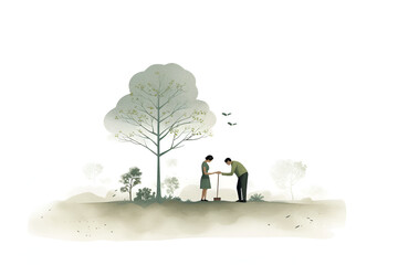 An illustration of two people planting a tree in memory of their baby, symbolizing love, loss, and hope. Surrounded by nature, this act symbolizes their enduring love, the pain of their loss - 763246199