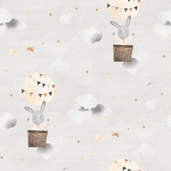 Bunny flies in balloon among clouds, stars and butterfies. Watercolor seamless pattern. Grey background. Beautiful pattern for a child's room.