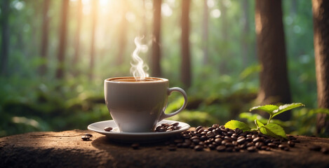 cup of warm coffee on board in forest background and blur behind - obrazy, fototapety, plakaty