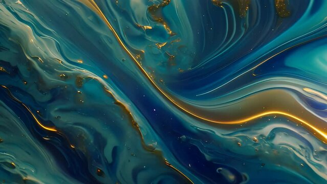 Video animation of  abstract piece of artwork characterized by swirling patterns. Dominant colors include various shades of blue and aqua, with streaks of gold
