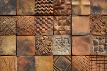 Variety of textured ceramic tiles arranged in a mosaic pattern with earthy tones