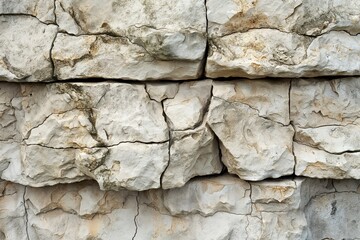 Close-up of a detailed, rough, and textured white limestone wall background with natural stone pattern, perfect for outdoor architectural backdrops and geological surface backgrounds