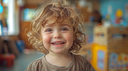 Happy young child boy  in an kindergarten playing together - obrazy, fototapety, plakaty