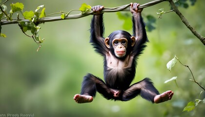 A Playful Baby Chimpanzee Swinging From Vine To VI Upscaled 48 - obrazy, fototapety, plakaty