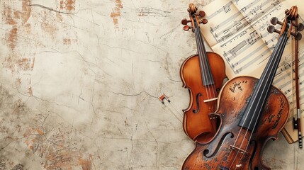 Fototapeta na wymiar Violin and Sheet Music Displayed on Wall