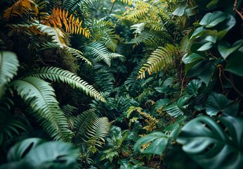Botanical display showcasing a variety of tropical leaves creates a rich tapestry of colors and textures found in the tropical landscape, while fern plants and monstera thrive amidst verdant greenery.