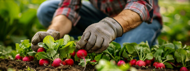 a farmer harvests radishes close-up