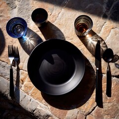 Fototapeta na wymiar Premium luxury black stoneware, elegant place setting for fancy meal
