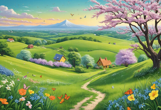 Illustration of spring country,