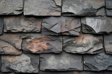 Detailed photograph showcasing the rugged texture and patterns of a slate stone wall