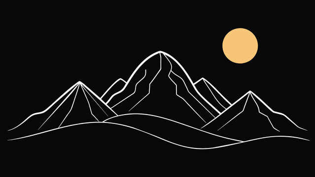 Abstract white mountain on night time background. Minimalist landscape on black wallpaper with hills, sun, moon in hand drawn pattern. Line art design for cover, banner, print, wall art