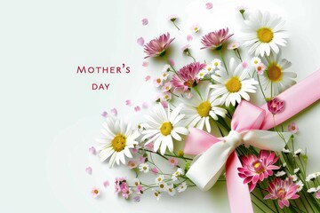 Mother's Day Greeting Card Background - Bouquet of Daisies With Pink Ribbon