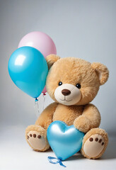 Cute teddy bear and blue heart balloons
