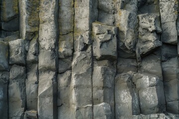 Ancient and rugged basalt column cliffs featuring hexagonal geological formations and textured volcanic rock, creating a natural pattern in the outdoor landscape