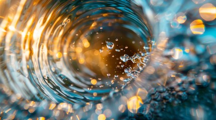 An abstract representation of light refraction through water on a lens, capturing the interplay of light and liquid in a visually intriguing manner 
