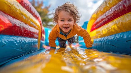  happy child boy laughing on inflatable bounce house - obrazy, fototapety, plakaty
