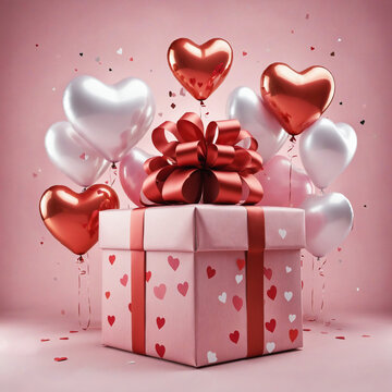 Pink gift box and red heart bloons
