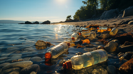 Environmental issues. Plastic waste on the seashore.  - obrazy, fototapety, plakaty