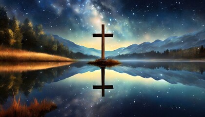 Wooden Cross in a Still Lake under a Starry Night - obrazy, fototapety, plakaty