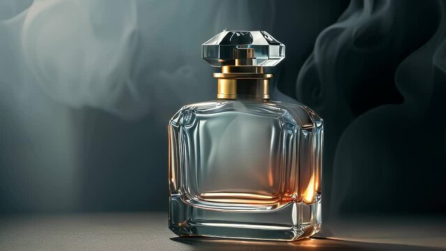 Video animation of  clear glass perfume bottle with intricate design elements. The bottle has a square shape with rounded edges and is capped by an ornate lid.