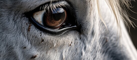 A close up of a horses eye with long eyelashes, grey fur, and wrinkles on its snout. The detailed painting on wood captures the wildlife beauty of this working animal in art - Powered by Adobe