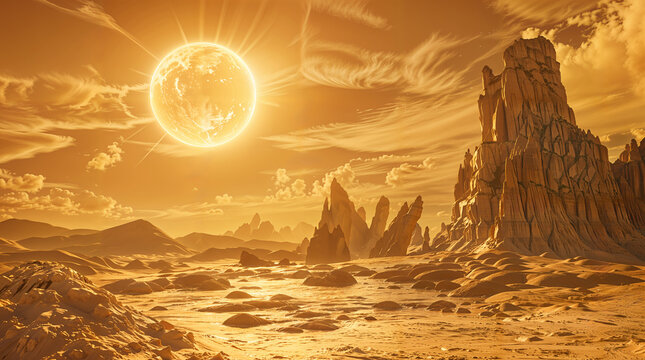 Illustration of mysterious barren alien landscape, rocky formations and mountains, glowing fantasy sun in horizon, fiction hd
