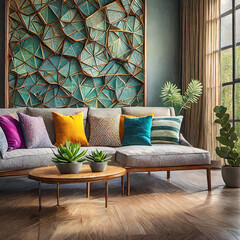 Wnętrze salonu z kanapą, kolorowymi poduszkami, abstrakcyjną płaskorzeźbą na ścianie, stolikiem i roślinami w doniczkach
