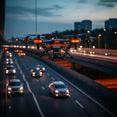 A drone with orange details flies over a busy highway during dusk to monitor traffic and could be used for surveillance or cinematic urban footage