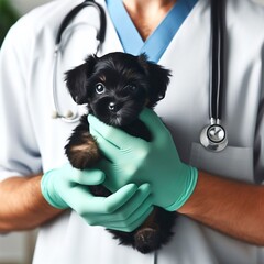 vue de proche,vétérinaire portant un petit chiot noir portant un stéthoscope autour du coup et des gans , pour un examen , qualité de l'image HD , 4K,8K 