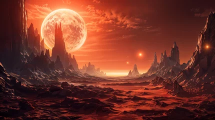 Deurstickers Illustration of mysterious barren alien landscape, rocky formations and mountains, glowing fantasy planet in horizon, fiction hd © OpticalDesign