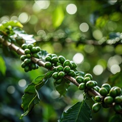 Coffee beans on a branch with vibrant green leaves, great for use in coffee-related educational materials or as a visual for gourmet branding.