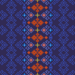 traditional thai fabric, Fabric patterns, clothing, Thai ethnic sarongs Cross-stitch style in the Pixel Seamless Vector format, using geometric shapes arranged in various shapes such as flowers, stars - obrazy, fototapety, plakaty