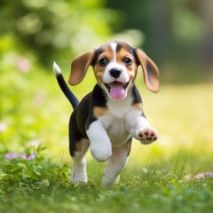energetic beagle puppy in mid-run on a sunny day, perfect for pet health brochures or an advertisement for dog-friendly parks.