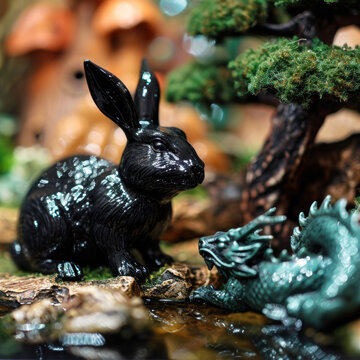 Photo of dual element decorations combining a glossy black rabbit and a green dragon in a miniature forest scene, perfect for thematic displays or fantasy illustration references.