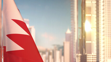flag of Bahrain on city skyscrapers buildings vanilla sunset backdrop for anthem day - abstract 3D rendering - obrazy, fototapety, plakaty