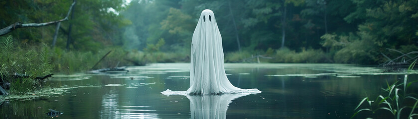 A horror satire about a tech-savvy ghost haunting a lake using encryption to communicate its morbidly humorous demands - obrazy, fototapety, plakaty