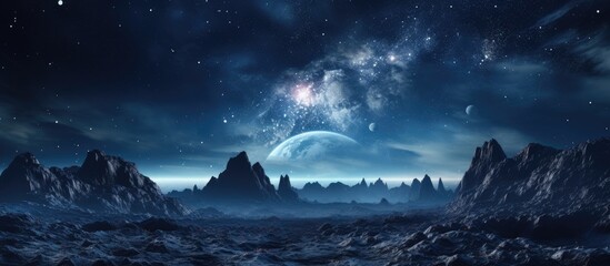 A planet can be seen in the sky above the mountains at dusk, surrounded by clouds and the darkening...
