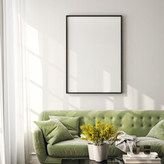 Frame mockup, ISO A paper size. Living room wall poster mockup. Interior mockup with house background. Modern interior design. 3D render
- 763249540