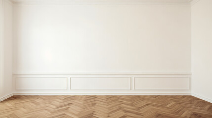 A large empty room with a white wall and wooden floors. The room is bare and empty, with no furniture or decorations. The space is open and airy, with a sense of emptiness and loneliness