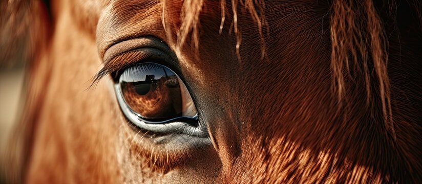 A detailed close up of a brown horses eye showcasing its long eyelashes, wrinkles around the eye, and the unique beauty of this terrestrial working animal
