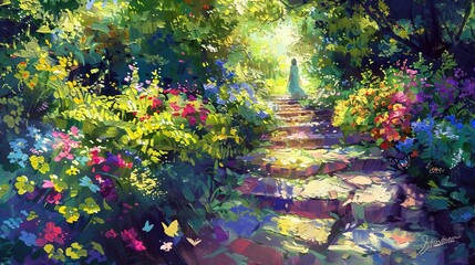 Impressionist painting of a vibrant garden path with a figure in the distance. Colorful brushstrokes create a scene of lush flowers and foliage with dappled sunlight.