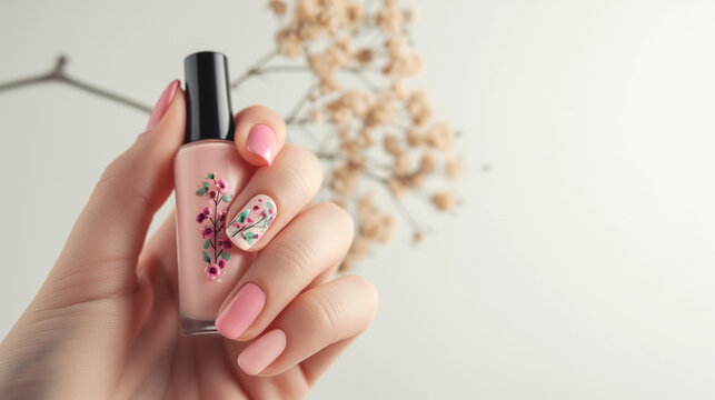 a floral design female manicure on nails close up in the photo