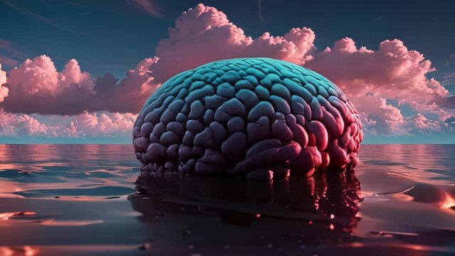 Video animation of surreal landscape, a giant brain rests upon tranquil waters under a sky painted with hues of sunset. The scene symbolizes the limitless expanse of human intellect