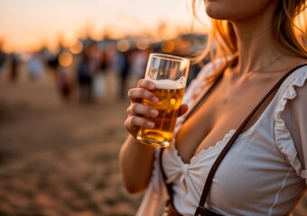 Sensual Oktoberfest: Woman in Traditional Festival Clothing Holding a Beer, with Cleavage, Evoking Sensuality, Tradition, and the Spirit of Germany's Tyrol.

