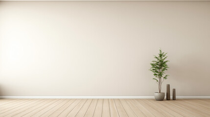 A large empty room with a white wall and a potted plant in the corner. The room is bare and uncluttered, giving it a clean and minimalist feel